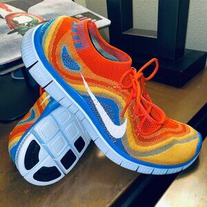 Mint Condition NIKE Flyknit Free 5.0 Team Orange Blue Glow Mens 11 US 45 EUR
